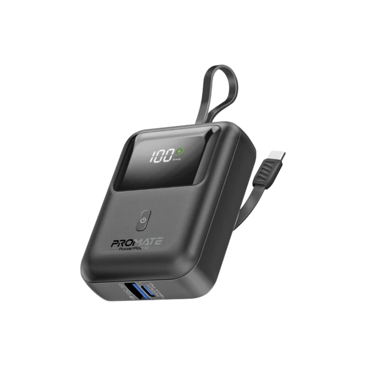 PROMATE POWERPOD-10 10000MAH 35W PD ULTRA COMPACT POWERBANK USB-A/USB-C W/ BUILT-IN USB-C CABLE BLACK