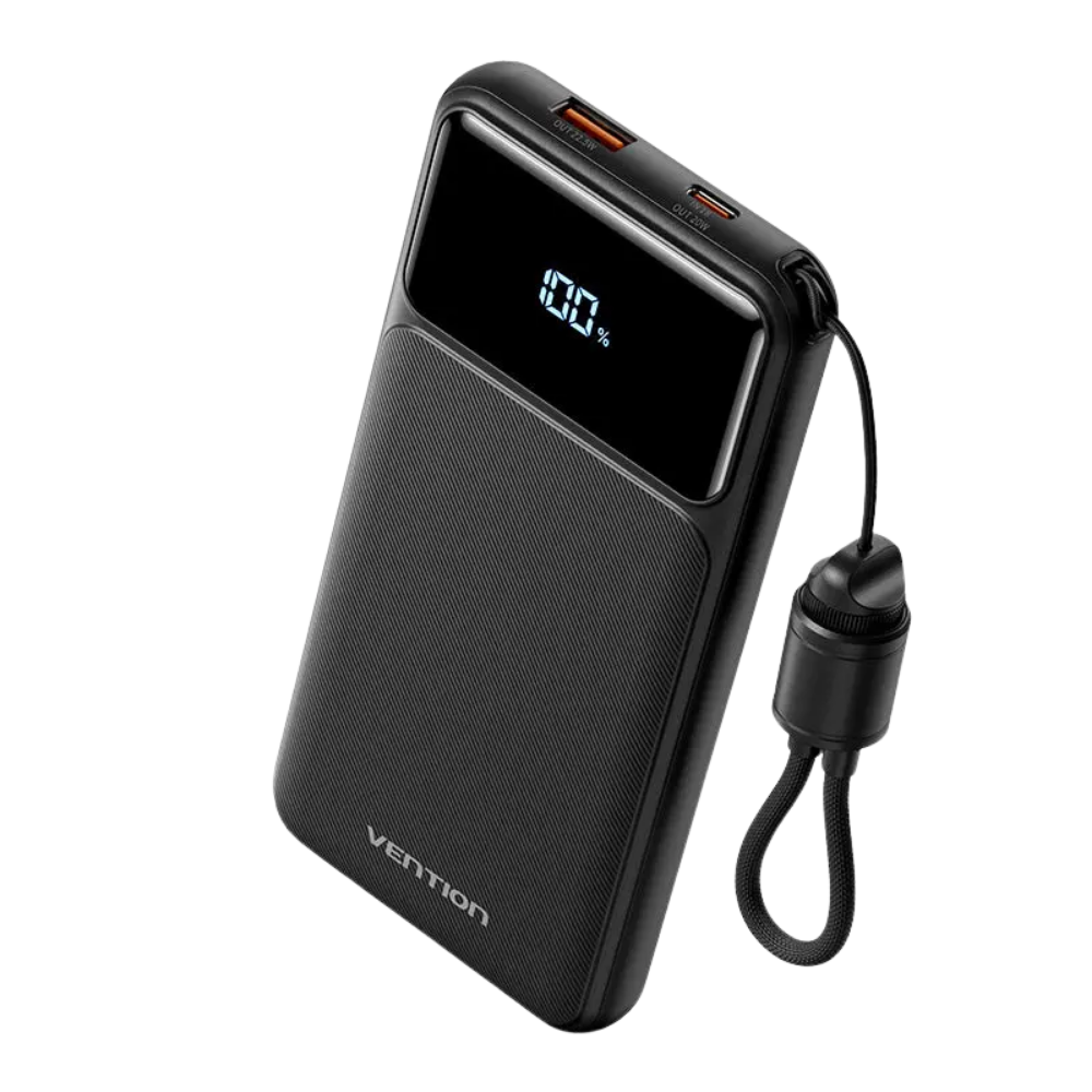 VENTION 10000MAH 22.5W POWERBANK (USB-C, USB-A) W/ BUILT-IN USB-C CABLE, LED DISPLAY (BLACK)
