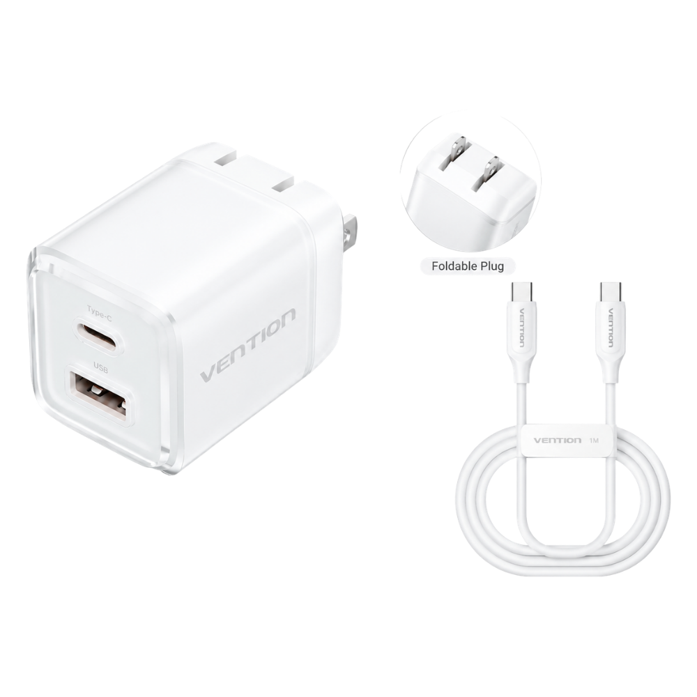 VENTION FOLDABLE PLUG 30W (1XUSB-C, 1XUSB-A) ADAPTER W/ 1M CABLE WHITE