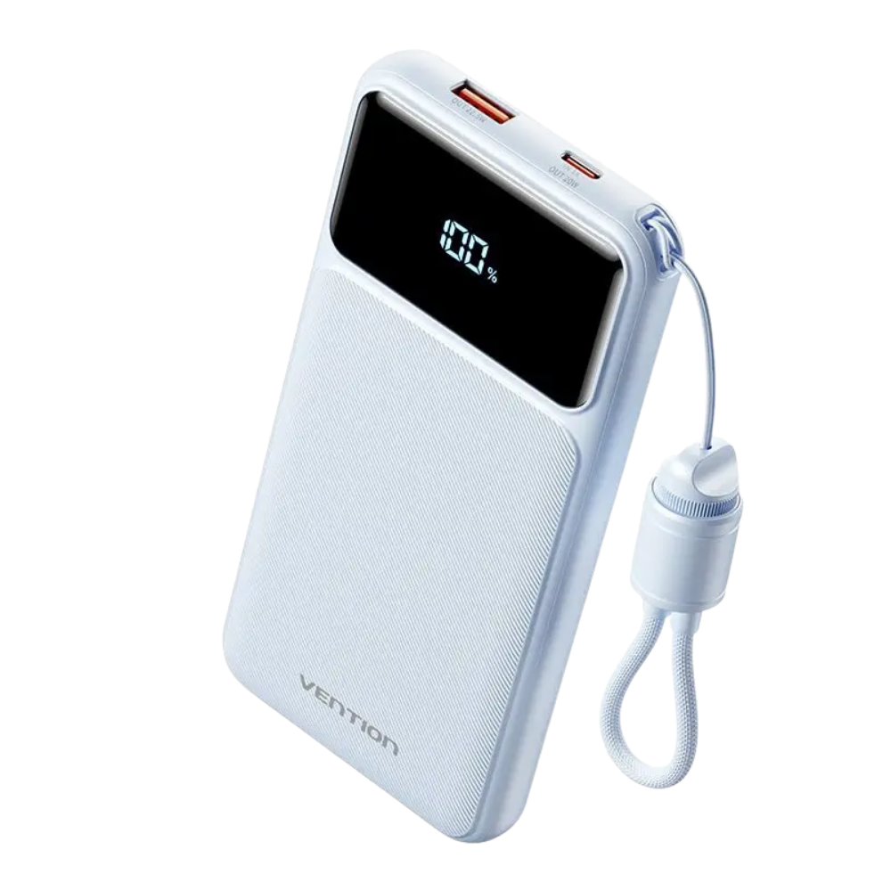 VENTION 10000MAH 22.5W POWERBANK (USB-C, USB-A) W/ BUILT-IN USB-C CABLE, LED DISPLAY (BLUE)