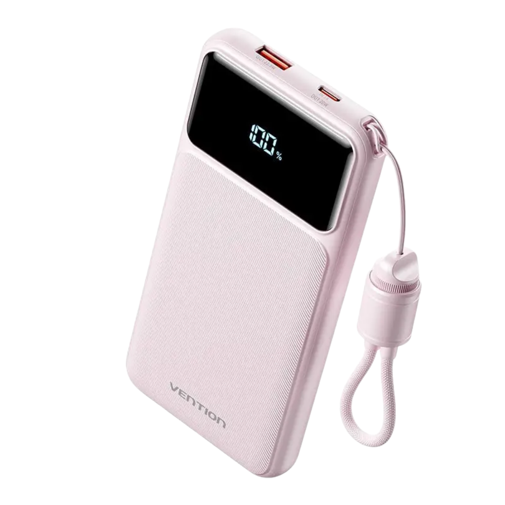 VENTION 10000MAH 22.5W POWERBANK (USB-C, USB-A) W/ BUILT-IN USB-C CABLE, LED DISPLAY (PINK)
