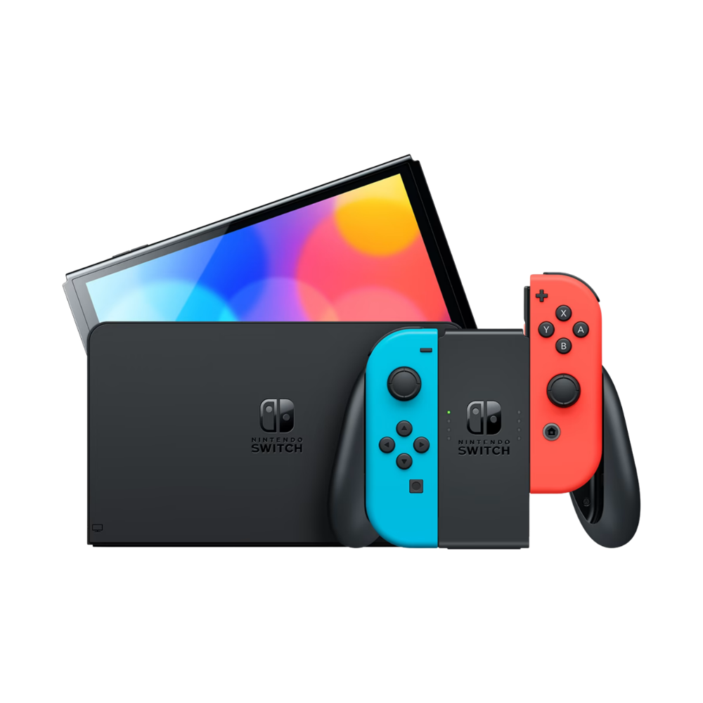 NINTENDO SWITCH OLED W/ NEON BLUE AND NEON RED JOYCON