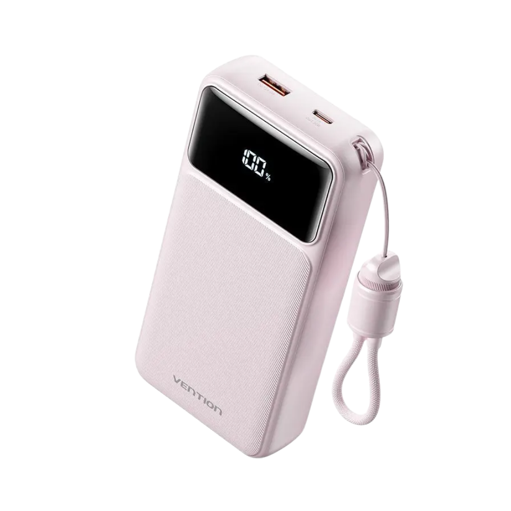 VENTION 20000MAH 22.5W POWERBANK (USB-C, USB-A) W/ BUILT-IN USB-C CABLE, LED DISPLAY (PINK)