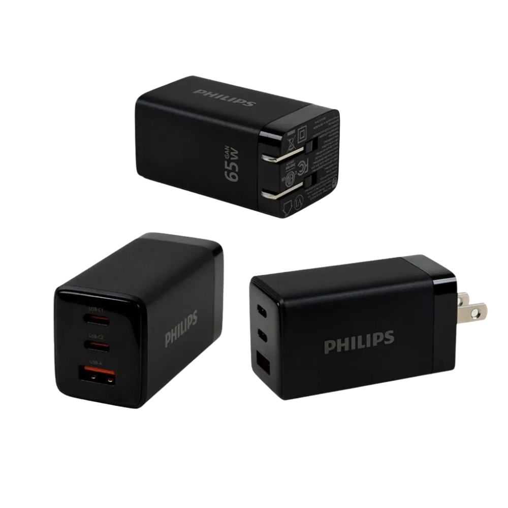 PHILIPS 65W 2XUSB-C, 1XUSB-A GAN WALL CHARGER (FOLDABLE PIN) BLACK
