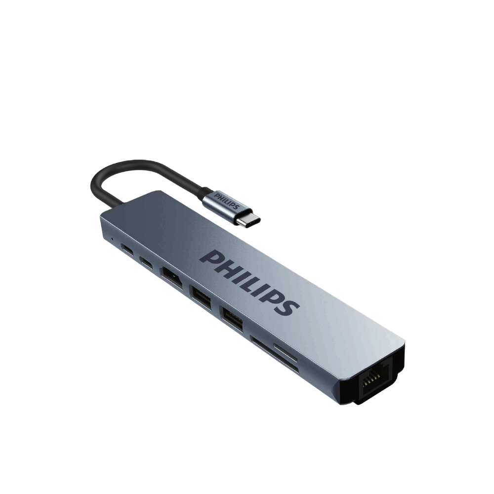PHILIPS 8 IN 1 USB-C HUB (USB-C PD 100W, USB-C, 2XUSB-A, 4K HDMI, RJ45, TF, SD)