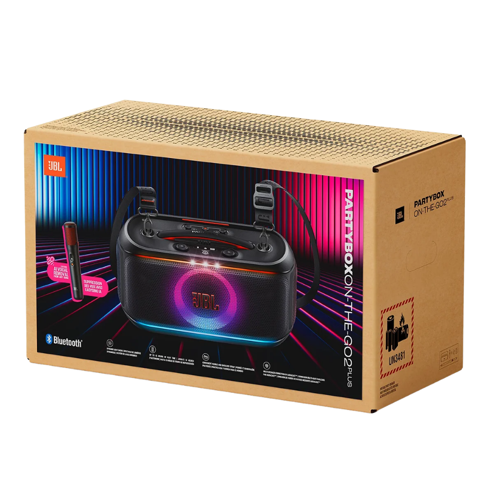 JBL PARTYBOX ON-THE-GO 2 PLUS PORTABLE BLUETOOTH SPEAKER W/ 2 WIRELESS MIC (BLACK)