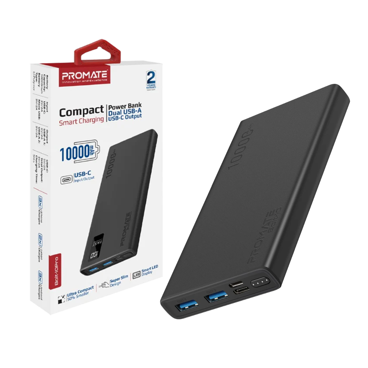 PROMATE BOLT-10 10000MAH POWERBANK 2XUSB/M-USB 2A/USB-C 2A (BLACK)