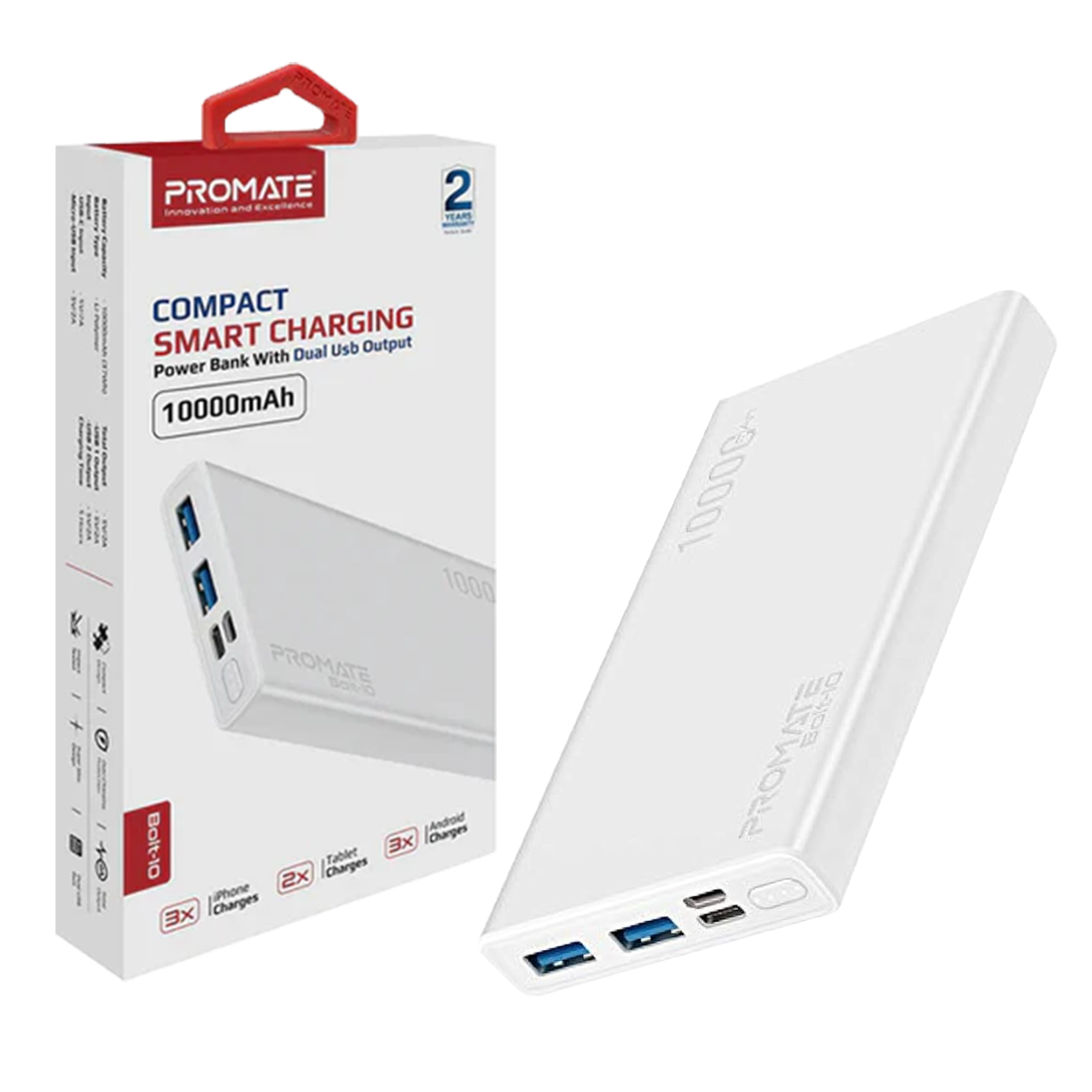 PROMATE BOLT-10 10000MAH POWERBANK 2XUSB/M-USB 2A/USB-C 2A (BLACK)