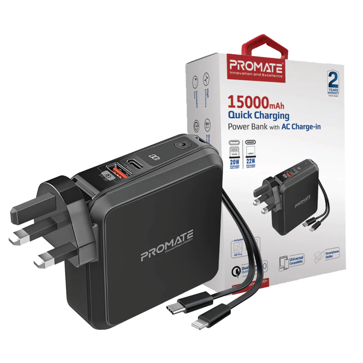 PROMATE POWERPACK-PD20+ 15000MAH QUICK CHARGING POWERBANK W/ AC CHARGE-IN USB-A 1.5A/USB-C 1.5A