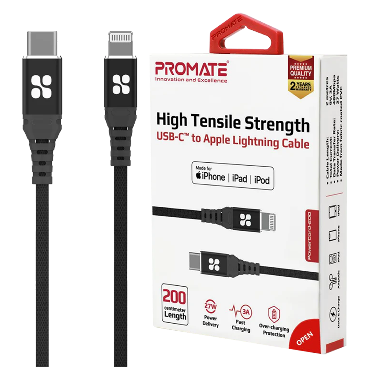 PROMATE POWERCORD USB-C TO LIGHTNING CABLE (BLACK)