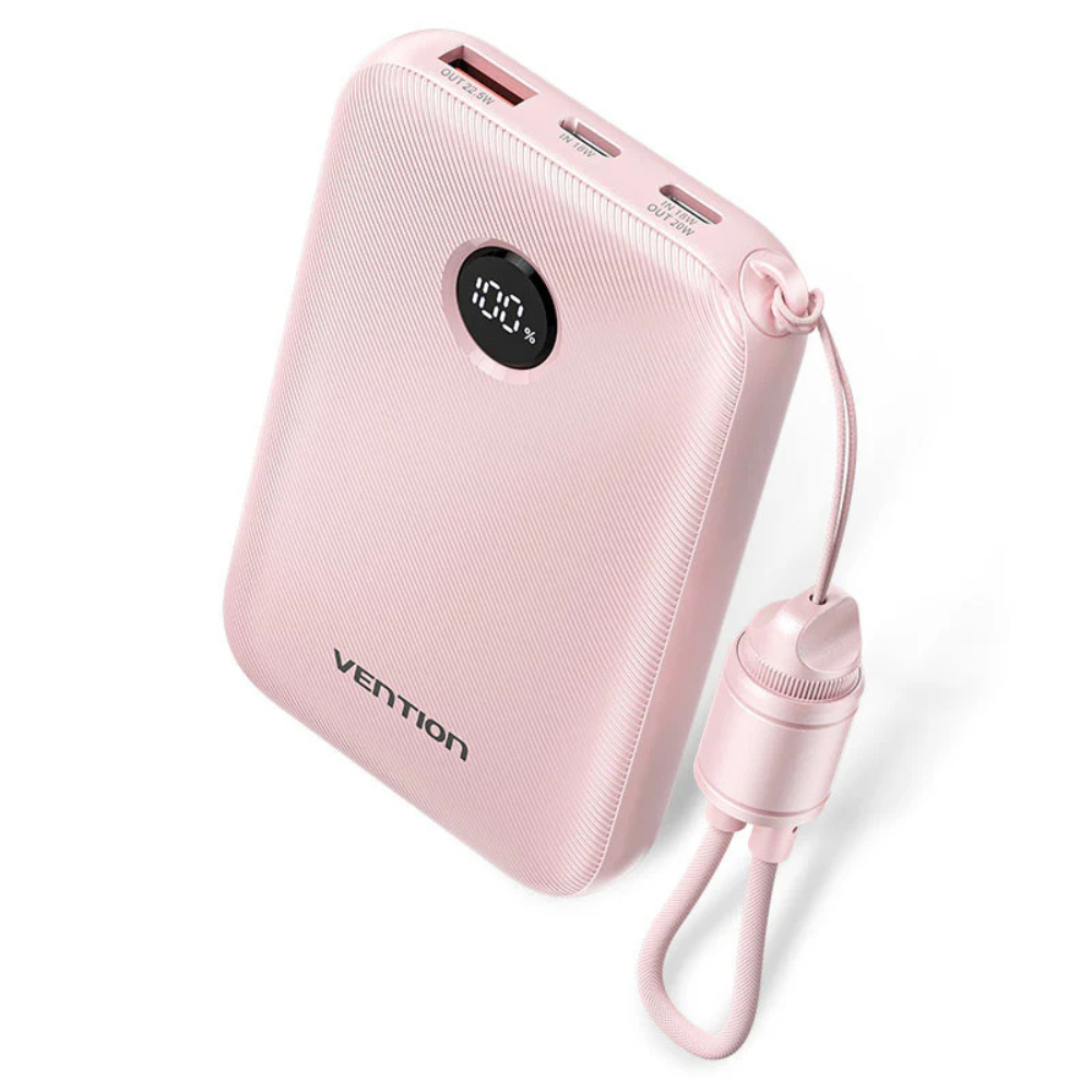 VENTION 10000MAH 22.5W POWERBANK (1XUSB-A, 2XUSB-C) W/ BUILT-IN USB-C CABLE-Pink