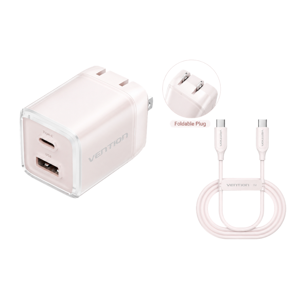 VENTION FOLDABLE PLUG 30W (1XUSB-C, 1XUSB-A) ADAPTER W/ 1M CABLE PINK