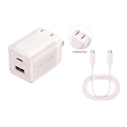 VENTION FOLDABLE PLUG 30W (1XUSB-C, 1XUSB-A) ADAPTER W/ 1M CABLE PINK
