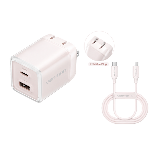 VENTION FOLDABLE PLUG 30W (1XUSB-C, 1XUSB-A) ADAPTER W/ 1M CABLE PINK