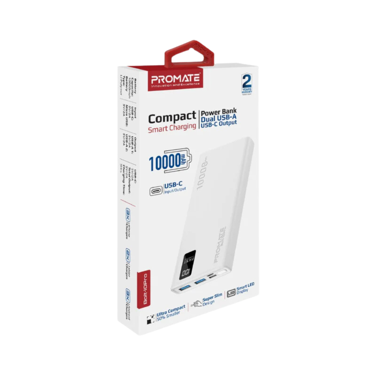 PROMATE BOLT-10 PRO 10000MAH POWERBANK 2XUSB/M-USB 2A/USB-C 2A