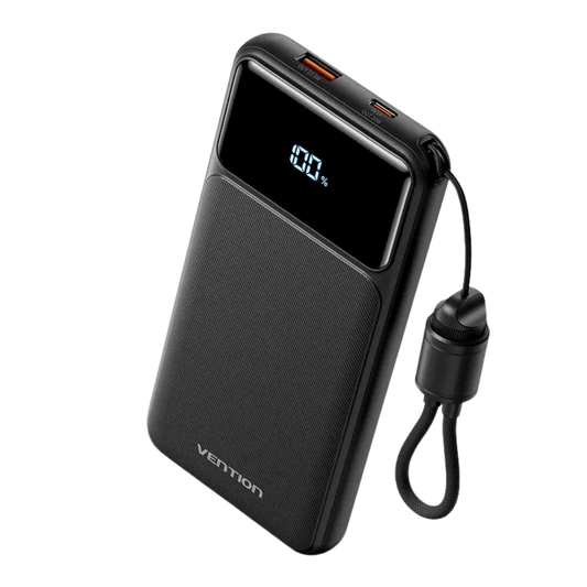 VENTION 10000MAH 22.5W POWERBANK (USB-C, USB-A) W/ BUILT-IN USB-C CABLE, LED DISPLAY (BLACK)