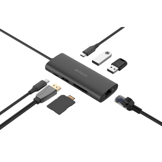 A4TECH DST-80C 8-IN-1 USB-C DOCKING STATION (USB-C, USB-C 100W, USB2.0, USB3.0, HDMI, RJ45, MICROSD, SD) (20CM) ASH GRAY