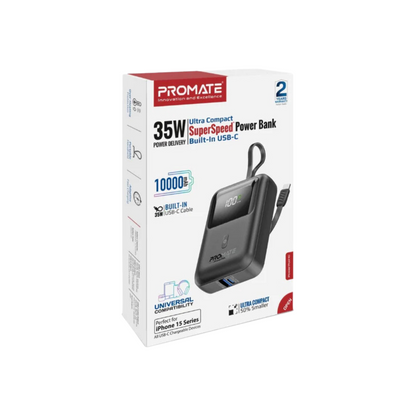 PROMATE POWERPOD-10 10000MAH 35W PD ULTRA COMPACT POWERBANK USB-A/USB-C W/ BUILT-IN USB-C CABLE