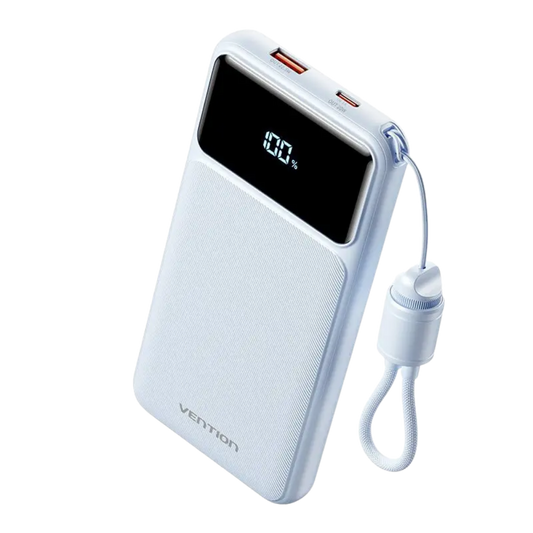 VENTION 10000MAH 22.5W POWERBANK (USB-C, USB-A) W/ BUILT-IN USB-C CABLE, LED DISPLAY (BLUE)