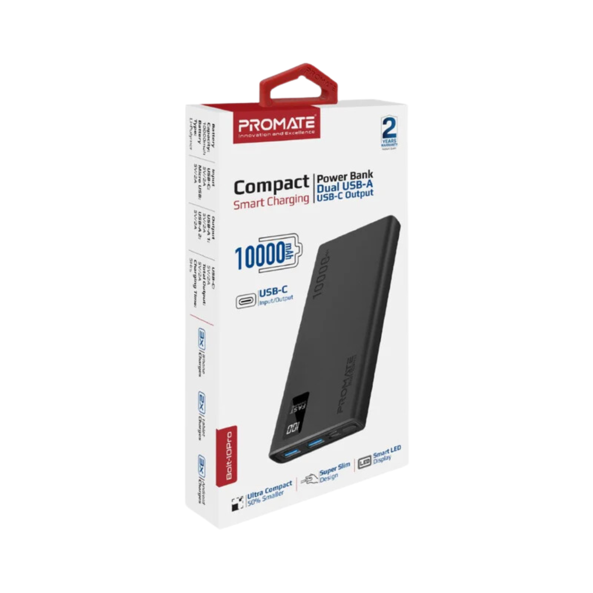 PROMATE BOLT-10 PRO 10000MAH POWERBANK 2XUSB/M-USB 2A/USB-C 2A