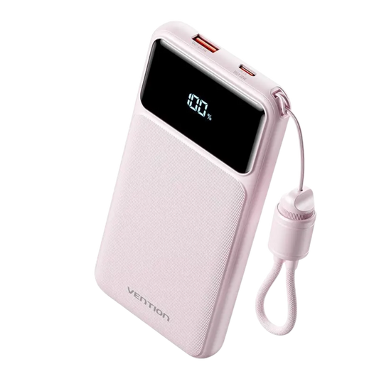 VENTION 10000MAH 22.5W POWERBANK (USB-C, USB-A) W/ BUILT-IN USB-C CABLE, LED DISPLAY (PINK)