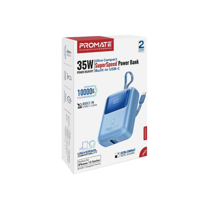 PROMATE POWERPOD-10 10000MAH 35W PD ULTRA COMPACT POWERBANK USB-A/USB-C W/ BUILT-IN USB-C CABLE