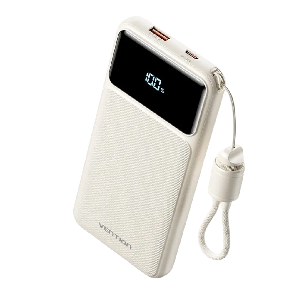 VENTION 10000MAH 22.5W POWERBANK (USB-C, USB-A) W/ BUILT-IN USB-C CABLE, LED DISPLAY (WHITE)