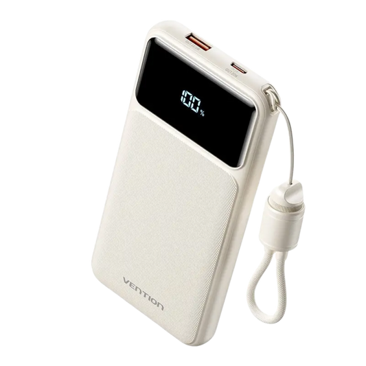 VENTION 10000MAH 22.5W POWERBANK (USB-C, USB-A) W/ BUILT-IN USB-C CABLE, LED DISPLAY (WHITE)