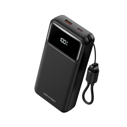 VENTION 20000MAH 22.5W POWERBANK (USB-C, USB-A) W/ BUILT-IN USB-C CABLE, LED DISPLAY (BLACK)