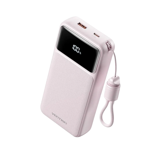 VENTION 20000MAH 22.5W POWERBANK (USB-C, USB-A) W/ BUILT-IN USB-C CABLE, LED DISPLAY (PINK)