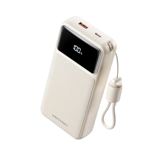 VENTION 20000MAH 22.5W POWERBANK (USB-C, USB-A) W/ BUILT-IN USB-C CABLE, LED DISPLAY (WHITE)