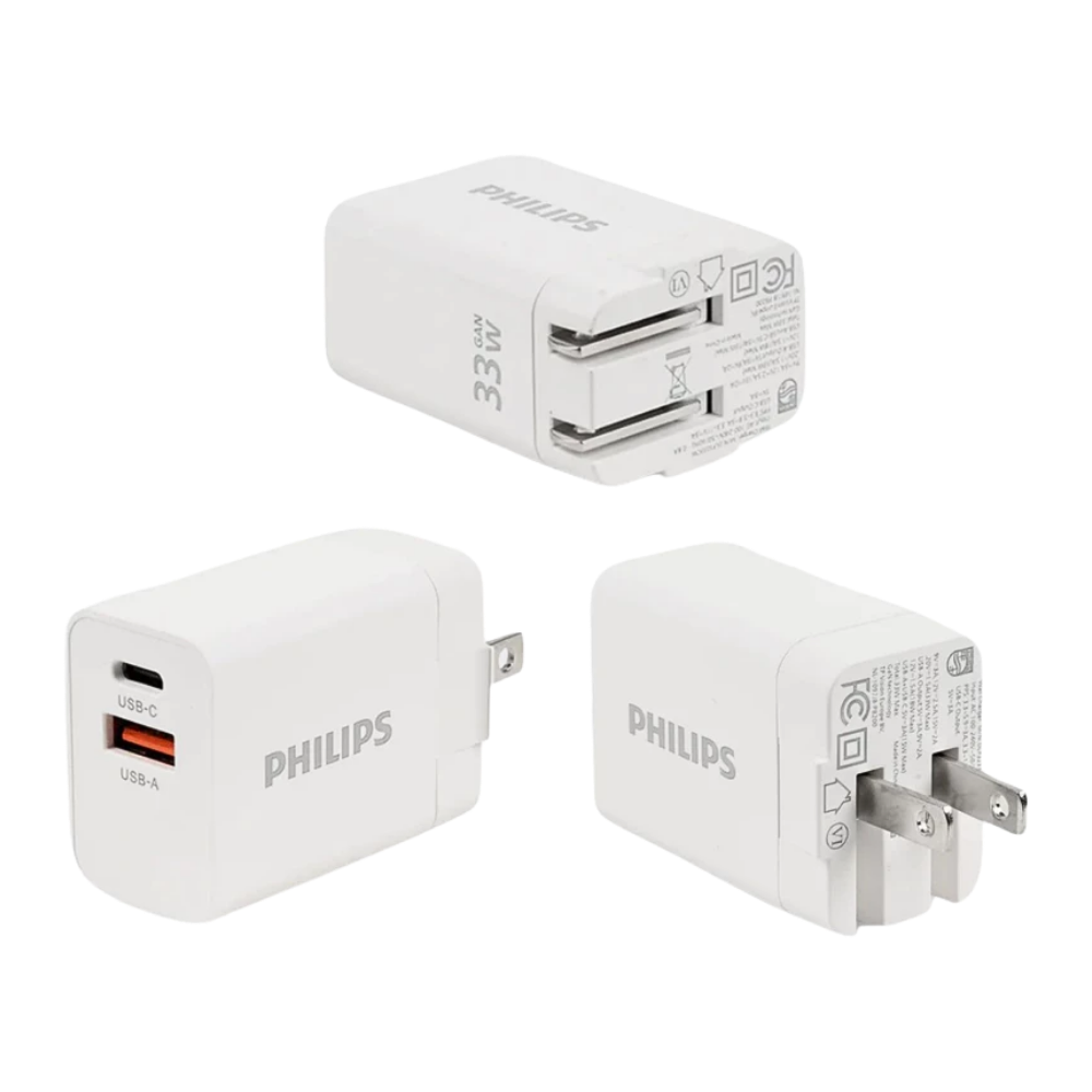 PHILIPS 33W 1XUSB-C, 1XUSB-A GAN WALL CHARGER (FOLDABLE PIN) WHITE