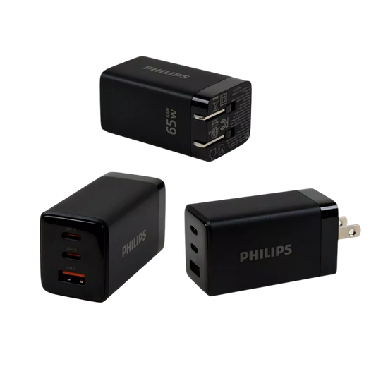 PHILIPS 65W 2XUSB-C, 1XUSB-A GAN WALL CHARGER (FOLDABLE PIN) BLACK
