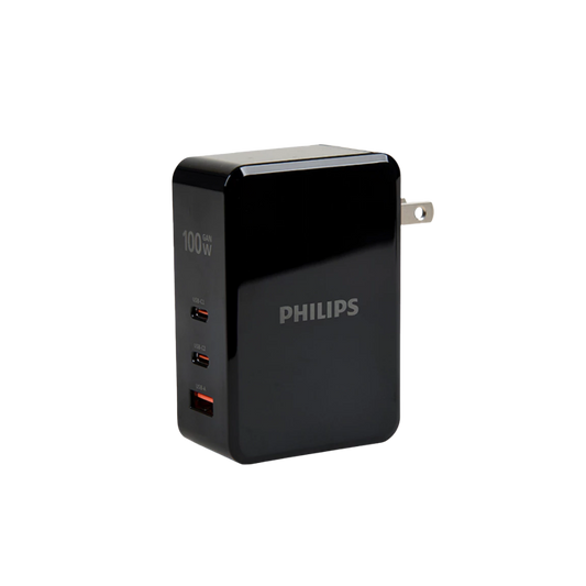 PHILIPS 100W 2XUSB-C, 1XUSB-A GAN WALL CHARGER (FOLDABLE PIN) BLACK