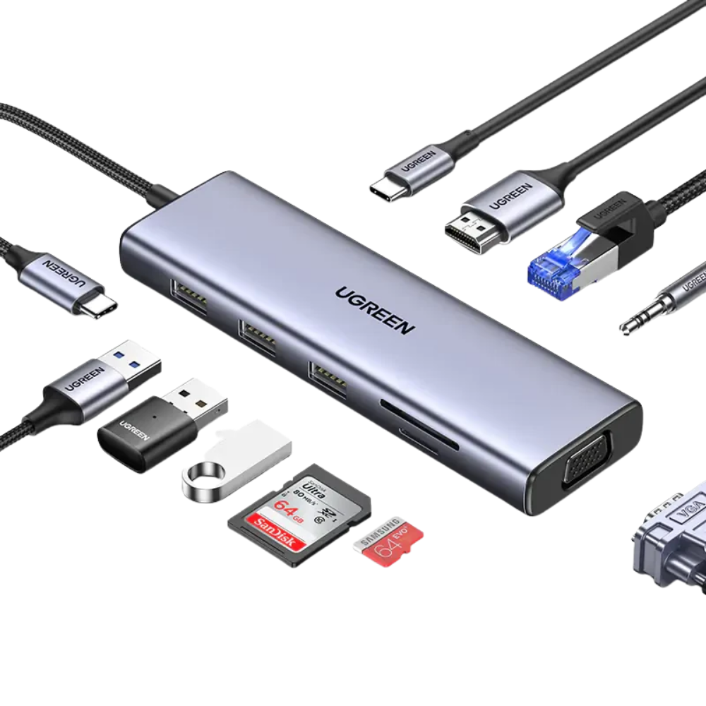 UGREEN 10 IN 1 USB-C HUB (3XUSB-A 3.0, USB-C, HDMI, VGA, RJ45, MICROSD, SD, 3.5MM)