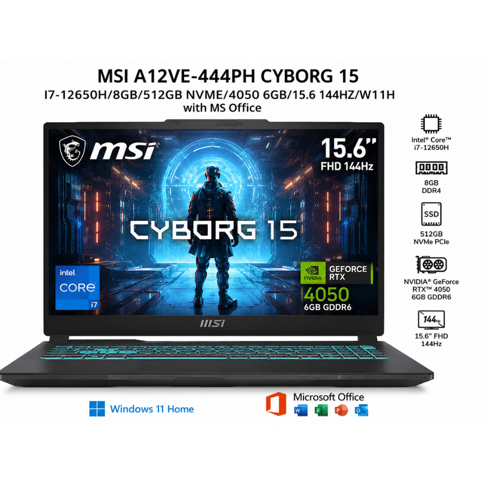 MSI A12VE-444PH CYBORG 15 I7-12650H/8GB/512GB NVME/4050 6GB/15.6 144HZ/W11H