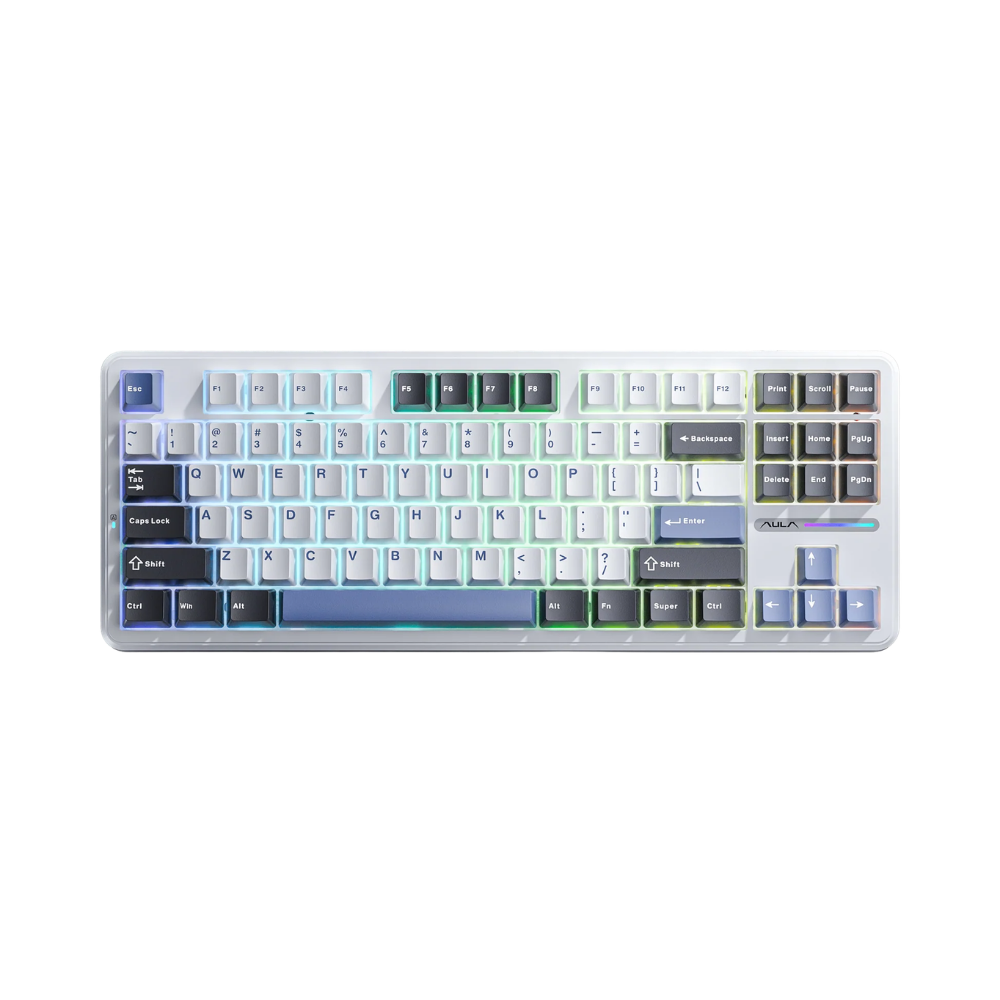 AULA F87 87 KEYS GASKET TRI-MODE MECHANICAL KEYBOARD (LINEAR SWITCH/SWAPPBL) GRAY/WHITE/BLUE