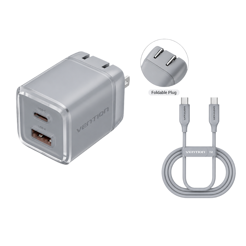 VENTION FOLDABLE PLUG 30W (1XUSB-C, 1XUSB-A) ADAPTER W/ 1M CABLE GRAY