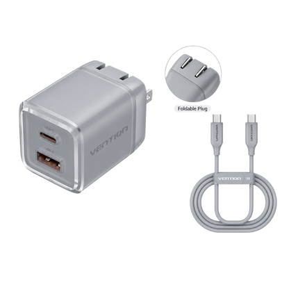 VENTION FOLDABLE PLUG 30W (1XUSB-C, 1XUSB-A) ADAPTER W/ 1M CABLE GRAY