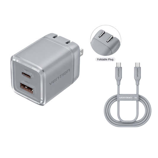 VENTION FOLDABLE PLUG 30W (1XUSB-C, 1XUSB-A) ADAPTER W/ 1M CABLE GRAY