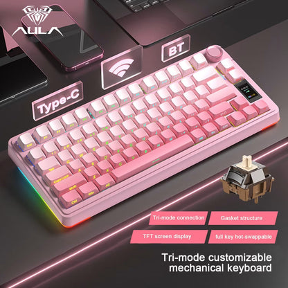 AULA S75 PRO GASKET TRI-MODE MECHANICAL KEYBOARD W/ KNOB & LCD DISPLAY SCREEN (LINEAR SWITCH/SWAPPBL) PINK GRADIENT