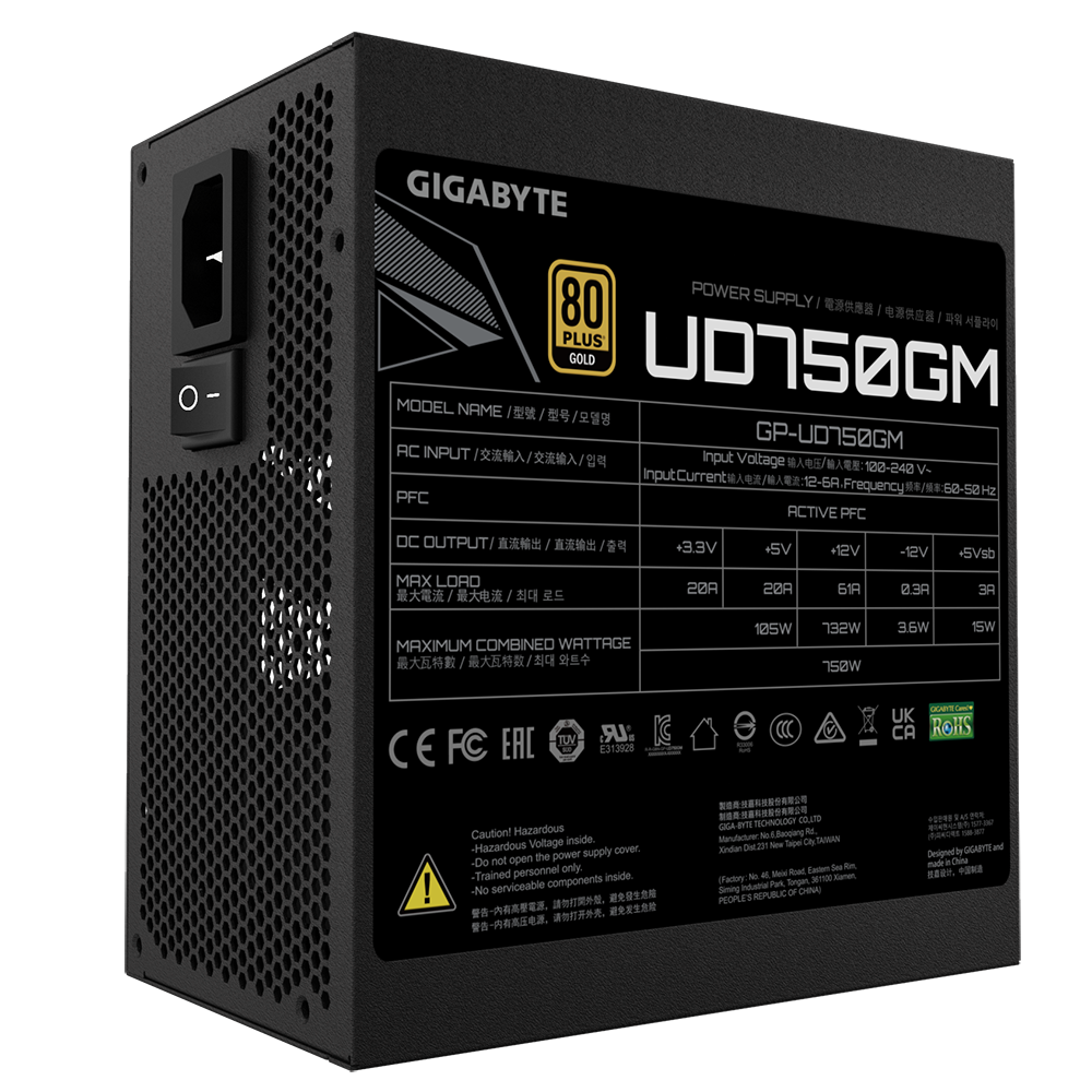 GIGABYTE UD750GM 750W 1X120MM FAN, 8SATA, 4PCIE, ACTIVE PFC, MODULAR, 80-PLUS GOLD