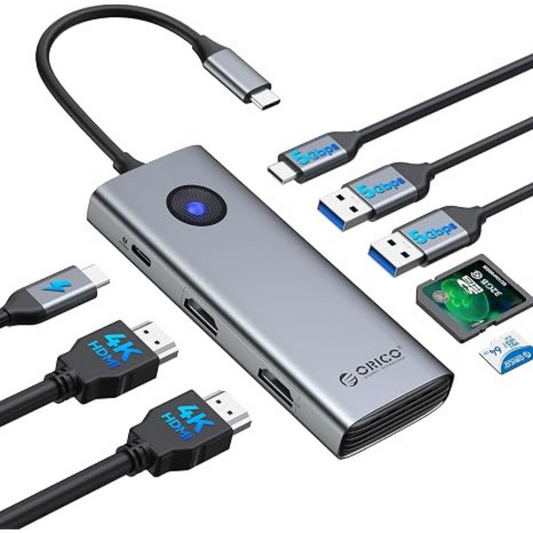 ORICO 8 IN 1 TYPE-C DOCKING STATION (2XUSB-A, 2XUSB-C, HDMI, RJ45, MICROSD, SD)