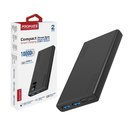 PROMATE BOLT-10 10000MAH POWERBANK 2XUSB/M-USB 2A/USB-C 2A (BLACK)