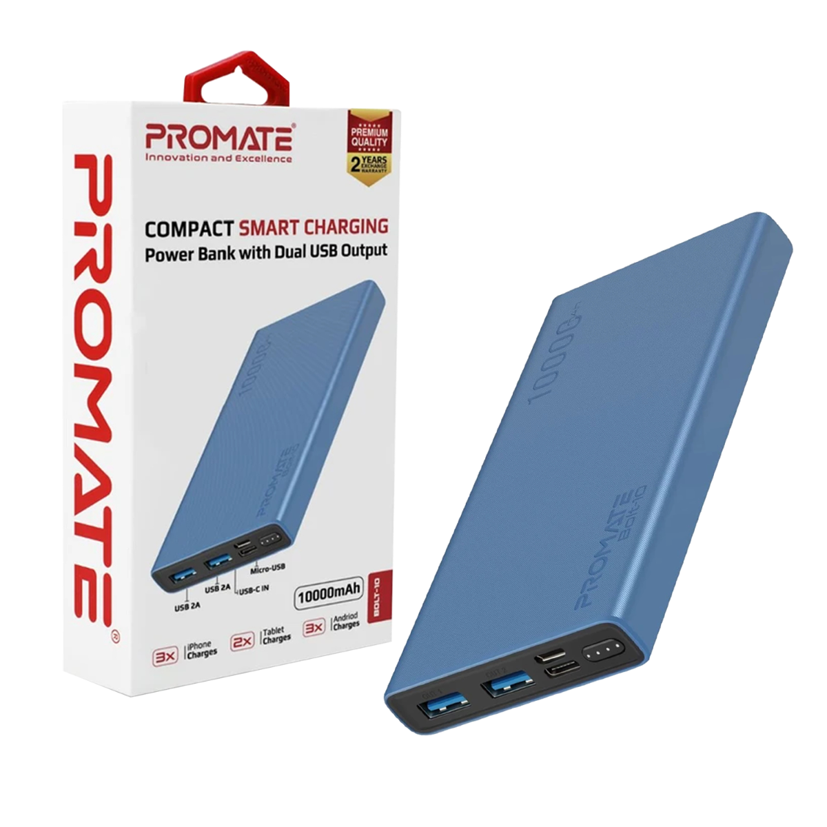 PROMATE BOLT-10 10000MAH POWERBANK 2XUSB/M-USB 2A/USB-C 2A (BLACK)