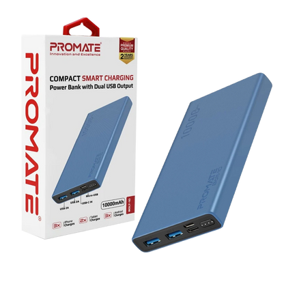 PROMATE BOLT-10 10000MAH POWERBANK 2XUSB/M-USB 2A/USB-C 2A (BLACK)