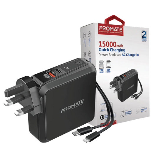 PROMATE POWERPACK-PD20+ 15000MAH QUICK CHARGING POWERBANK W/ AC CHARGE-IN USB-A 1.5A/USB-C 1.5A
