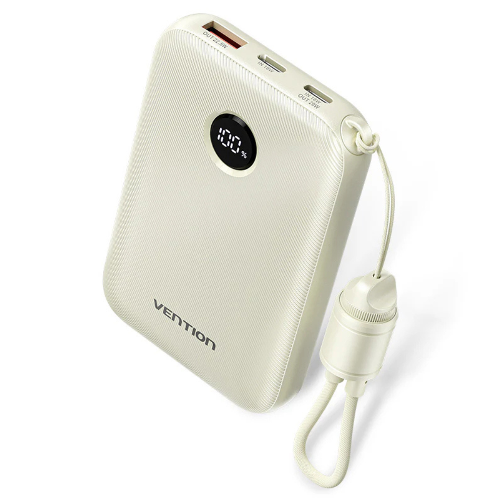 VENTION 10000MAH 22.5W POWERBANK (1XUSB-A, 2XUSB-C) W/ BUILT-IN USB-C CABLE-Beige