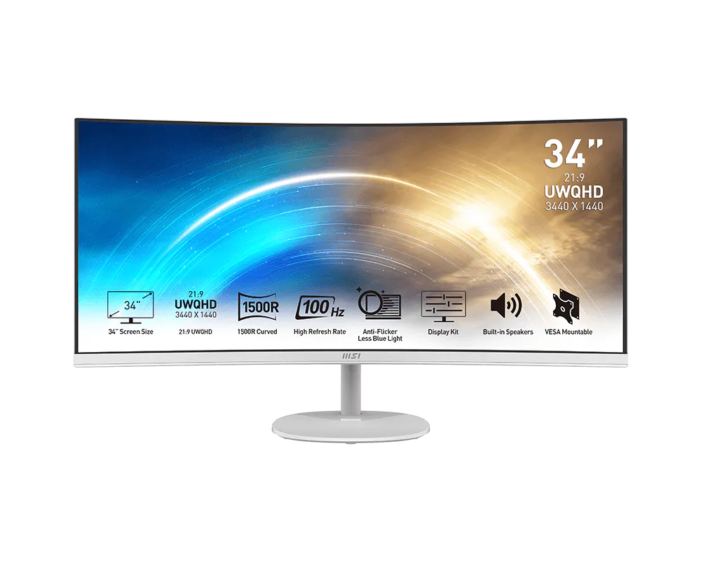 MSI PRO MP341CQW 34" ULTRA WIDE QHD LED CURVED MONITOR 100HZ W/ SPKR WLMNT (DP, 2XHDMI) WHITE