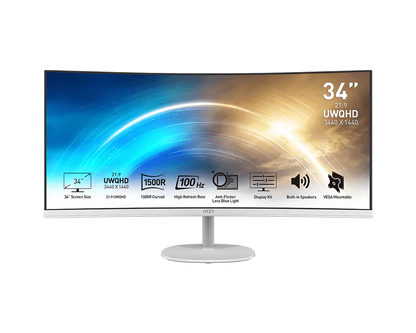 MSI PRO MP341CQW 34" ULTRA WIDE QHD LED CURVED MONITOR 100HZ W/ SPKR WLMNT (DP, 2XHDMI) WHITE